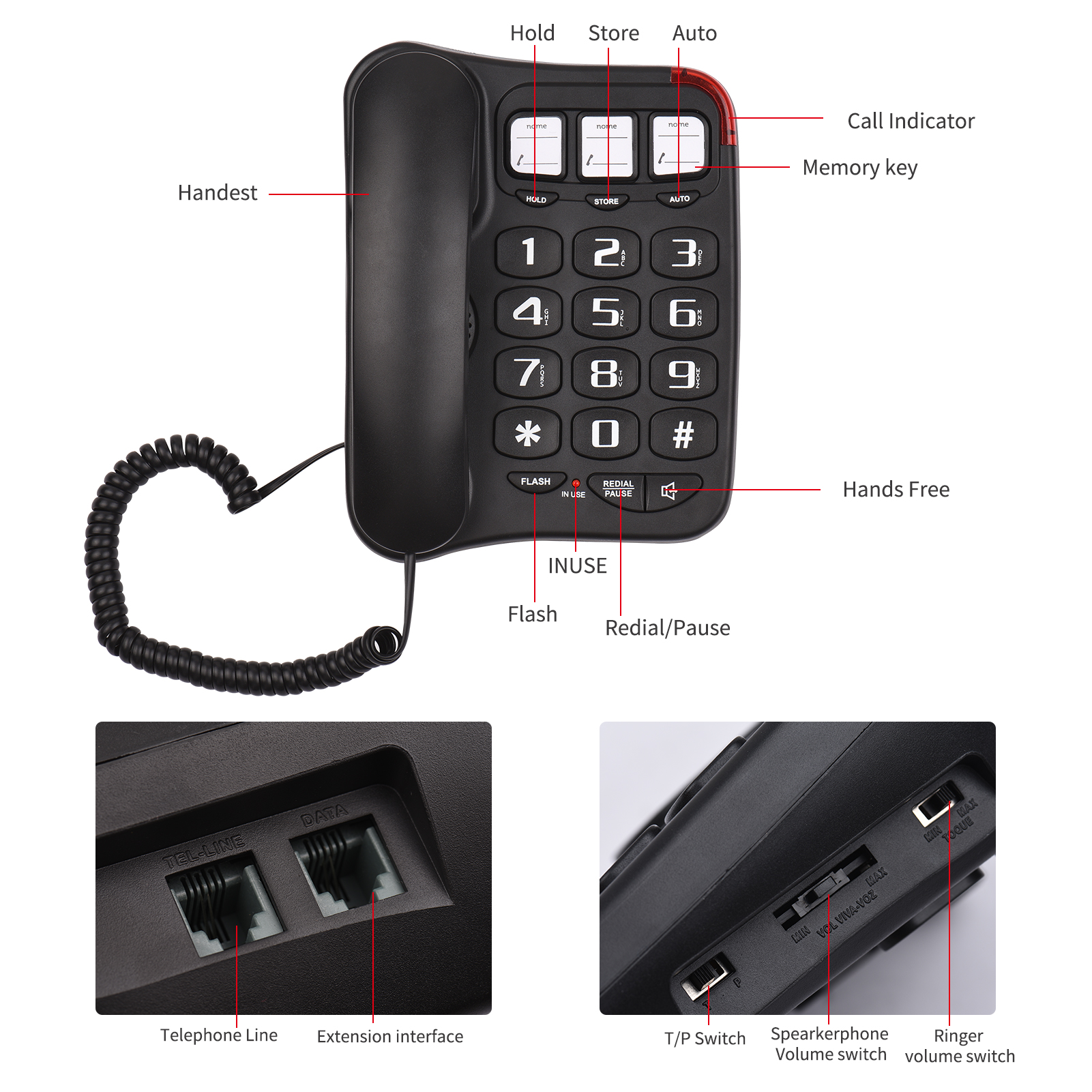 Black Corded Phone with Big Button Desk Landline Phone Wall Mountable Telephone Hands-Free/Redial/Flash/Speed Dial/ for Office