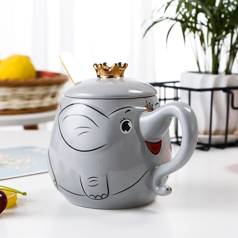 Cartoon Stereo Relief Elephant Ceramic Coffee Mug With Lid Spoon Home Office School Milk Tea Water Mugs Drinkware Cup: 2