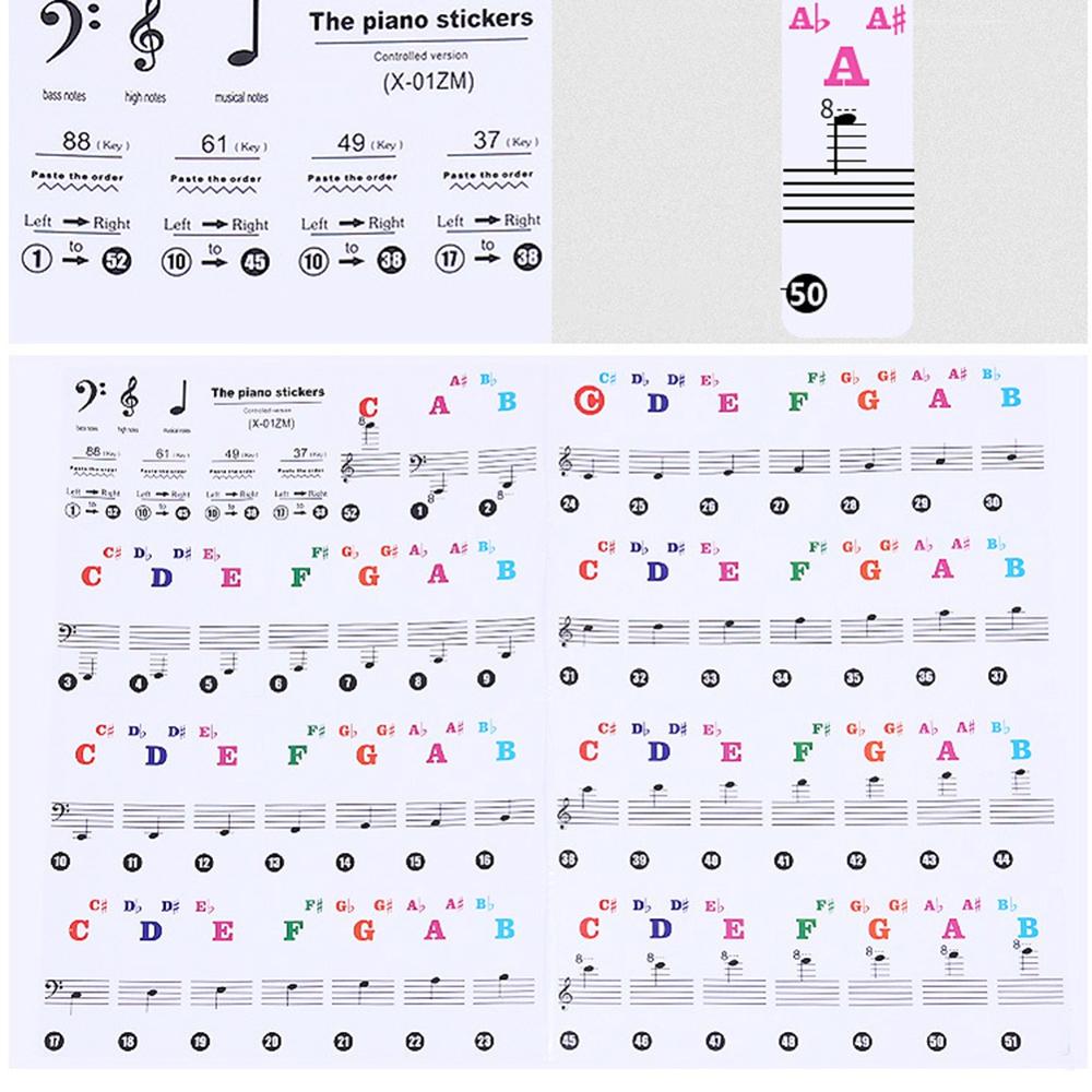 88/61 Key Color Piano Letter Notes Stickers Keyboard Hand Roll Piano Keyboard Transparent Stickers Notation Transparent: Default Title