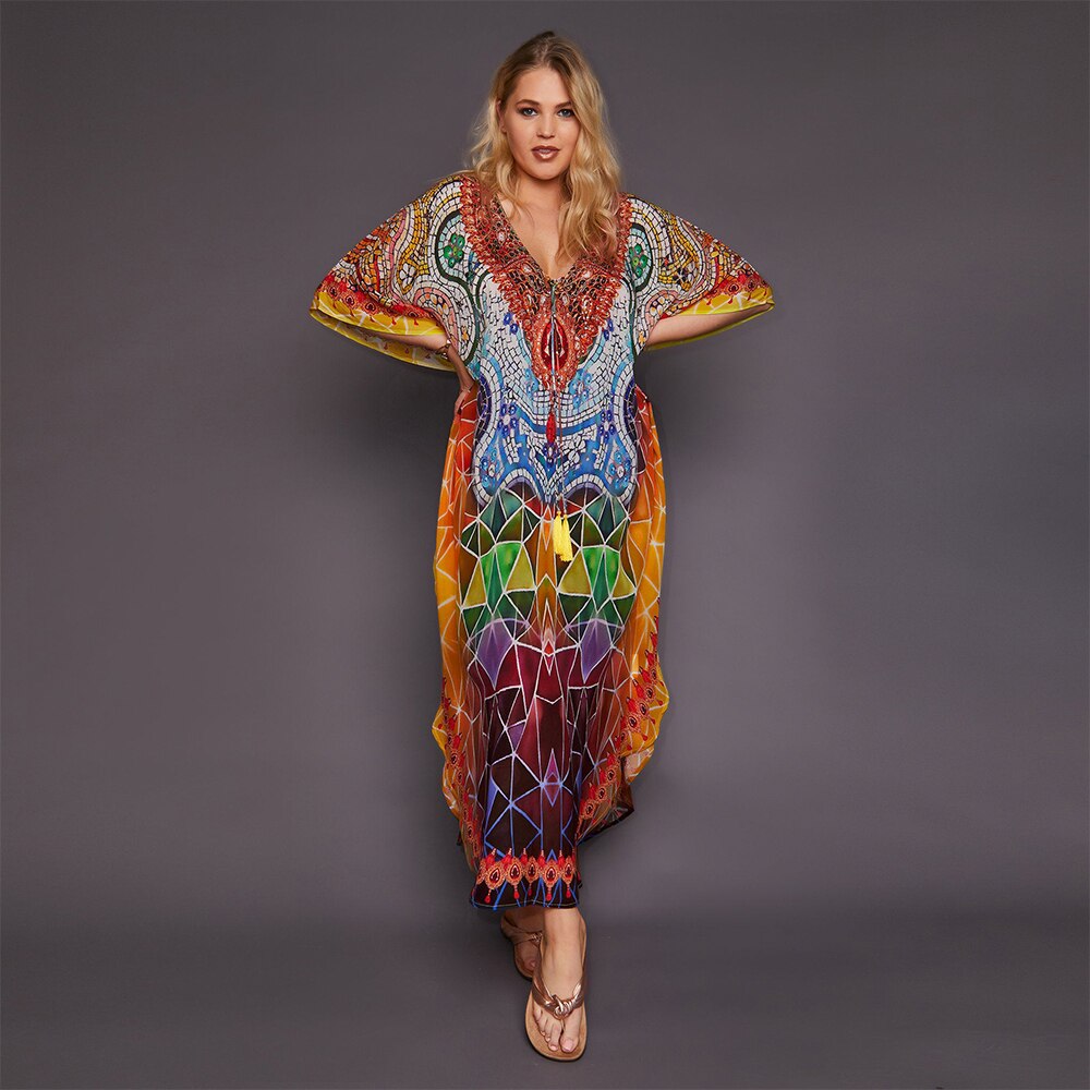 Bohemian geprinte strand maxi-jurk snel drogend lange tuniek dames strandbedekking v-hals vleermuismouwen oversized strandkleding kaftan
