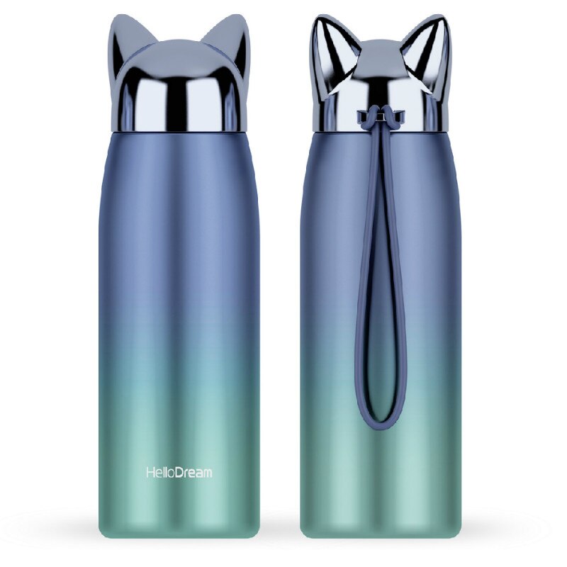 300ML Mädchen Wasser Flasche Doppel Zauberstab Thermos Edelstahl Vakuum Flaschen Nette Katze Fuchs Ohr Thermische Reise Becher artikel: Blau