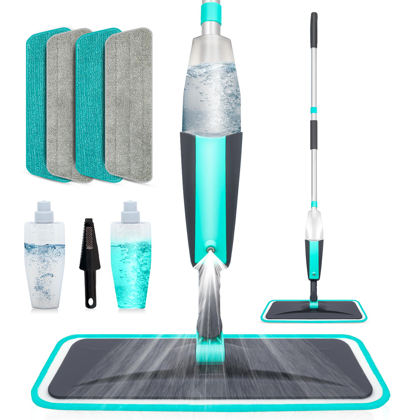 Microvezel spuitmop voor vloerreiniging - Herbruikbare vloermop met 1/4 wasbare dweilpad voor het reinigen van hardhouten laminaatvloeren: Sky Blue