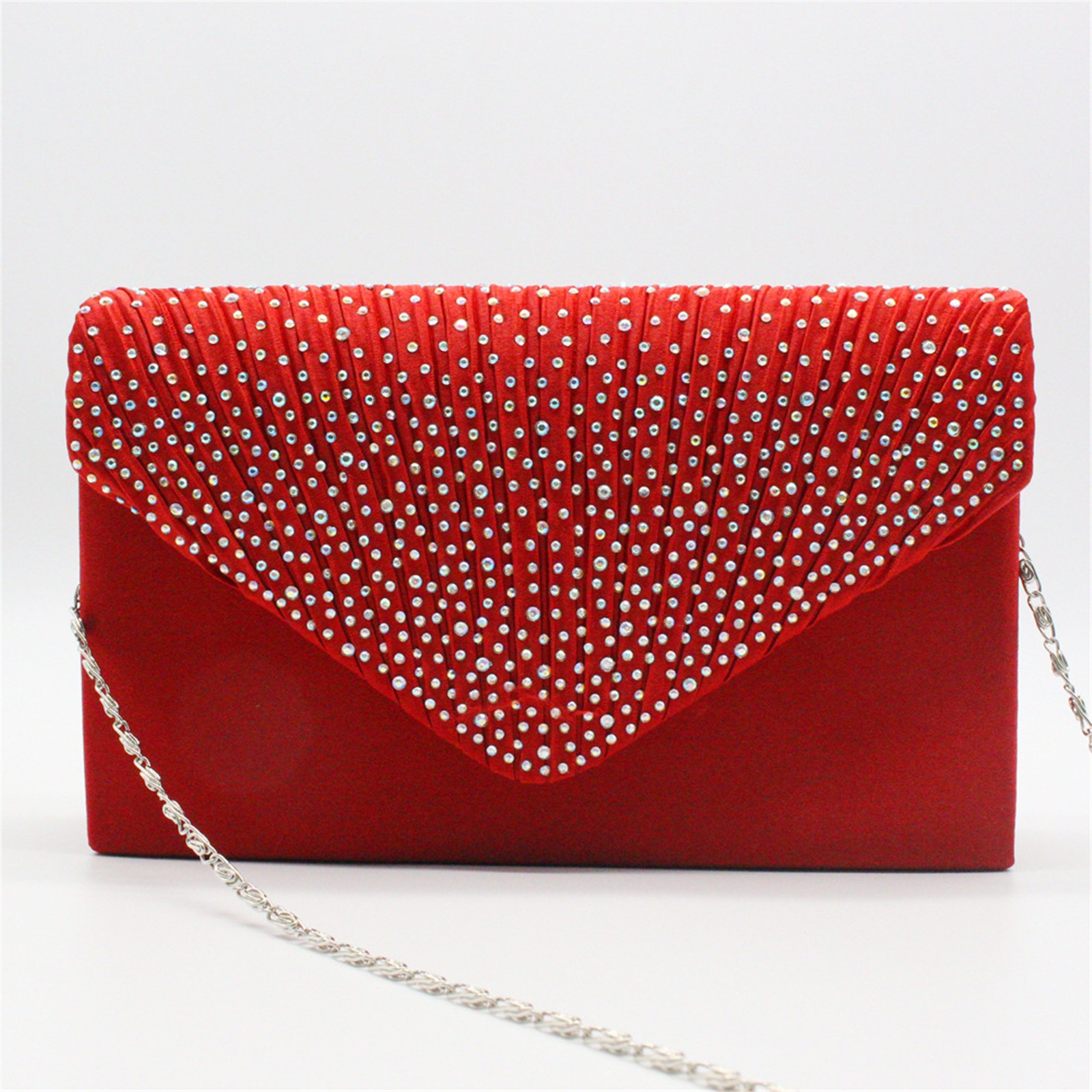 Bolsos de mano elegantes a la para mujer, bolso de hombro de satén con diamantes de imitación y cadena fina, vestido de y banquete, bolsos de noche a juego: Rojo