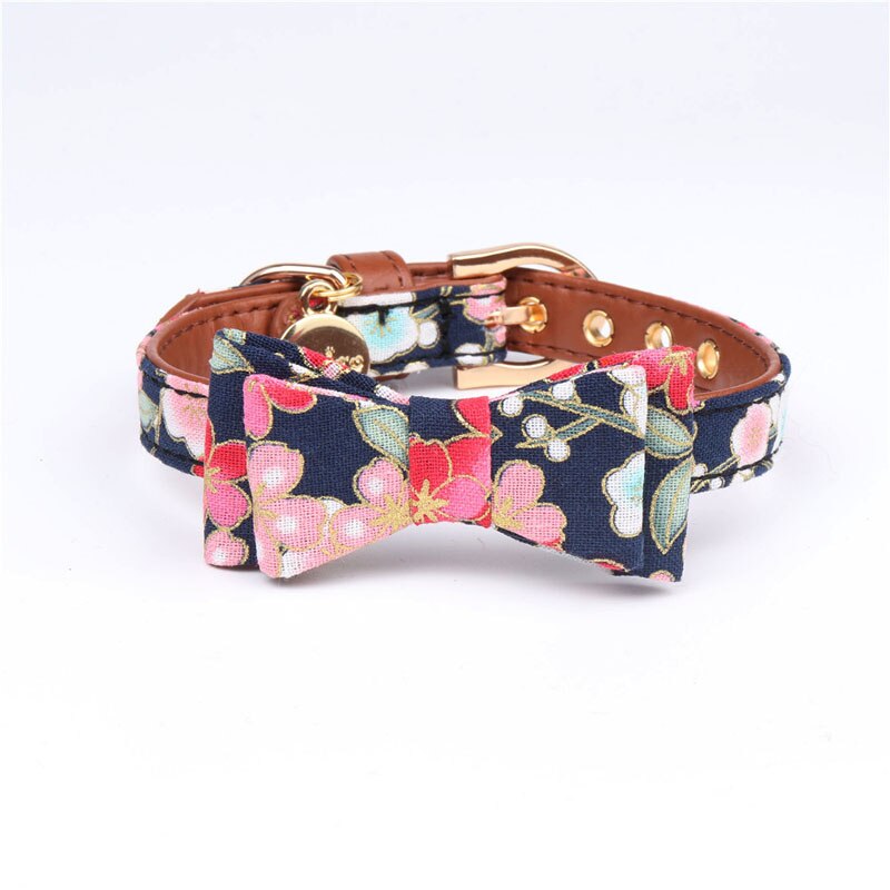 Mode Bloem Print Huisdieren Halsband PU Leer Strik Puppy Kat Vlinderdas Kleine Halsbanden Bandana Outdoor Pet Wandelen riemen: Bowknot Collars / S