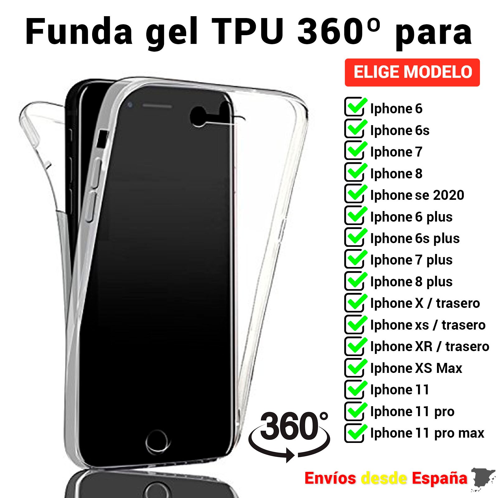 Funda TPU 360 para iPhone 6 6s 7 8 X XS 12 11 Max Mini Plus SE . Carcasa completa doble cara transparente de silicona movil