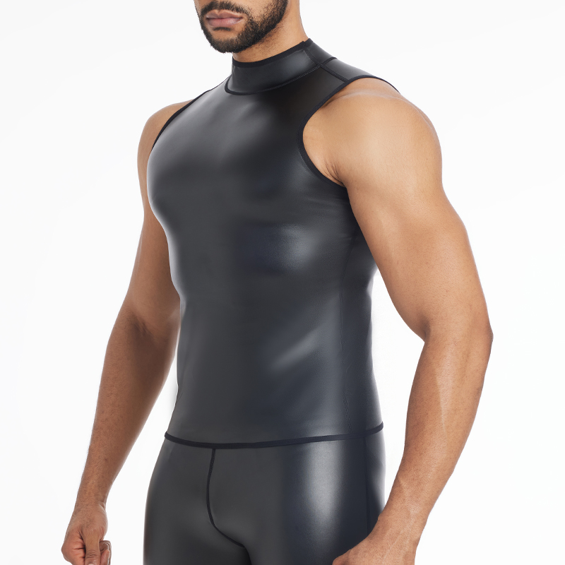 Camisa de S-6XL para hombre, chaleco de piel sintética, camiseta interior con aspecto húmedo, camiseta sin mangas, camiseta interior de cuero PU, traje informal, camisas negras