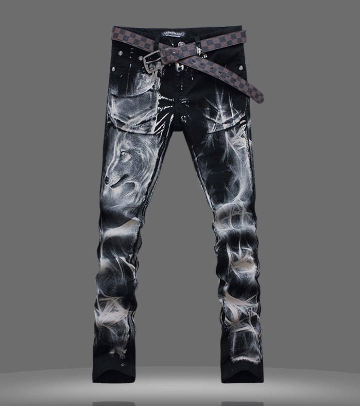 Menn tilfeldig jeans med ulveprint herre 3d mønster farget tegning malebukser slank tøye ut bomull dongeribukser: 30