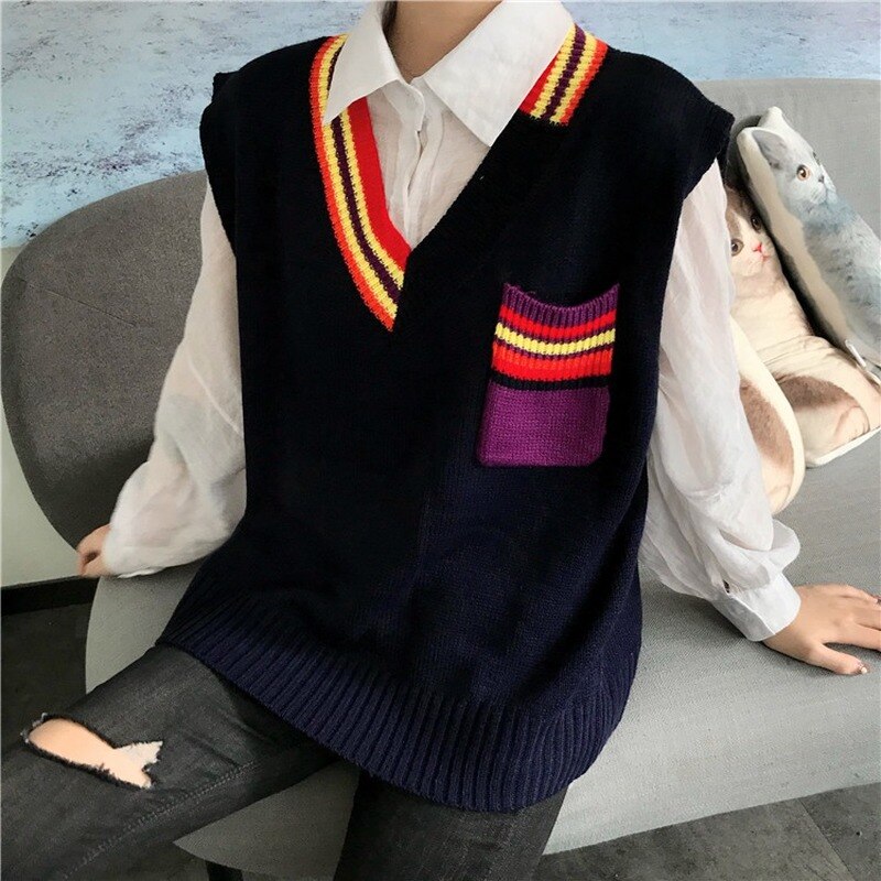 Tröja väst dam regnbågsficka stickad ärmlös dam all-match pullover elasticitet lös enkel höst ulzzang