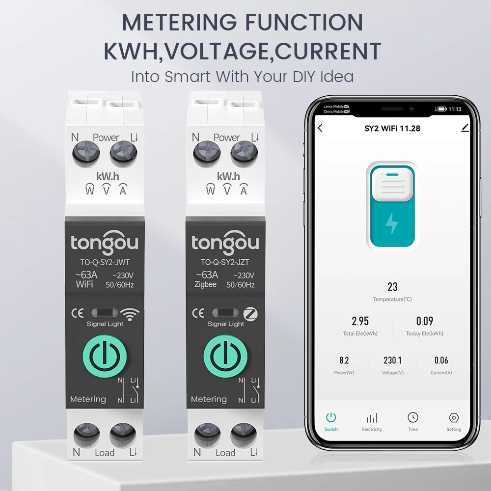 Disyuntor inteligente TUYA WiFi/ZigBee MCB, protección contra sobrecorriente y bajo voltaje, medición de energía, interruptor de Control remoto de 1-63A