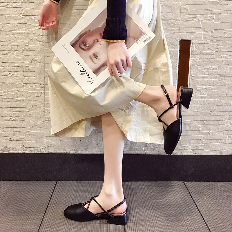 summer thick med-high heel close square toe sandals women retro hollow cross band buckle slingback gladiator sandalias