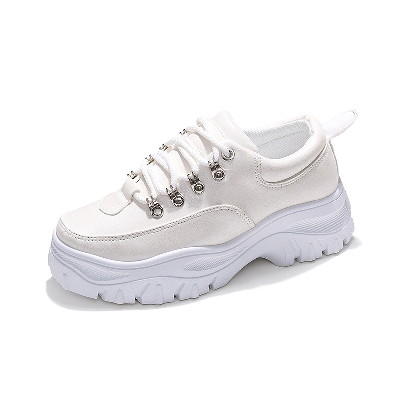 Fujin sneakers dames herfst lente dikke zool ademend vrijetijdsschoenen ronde neus vetersluiting damesschoenen: Wit / 6.5