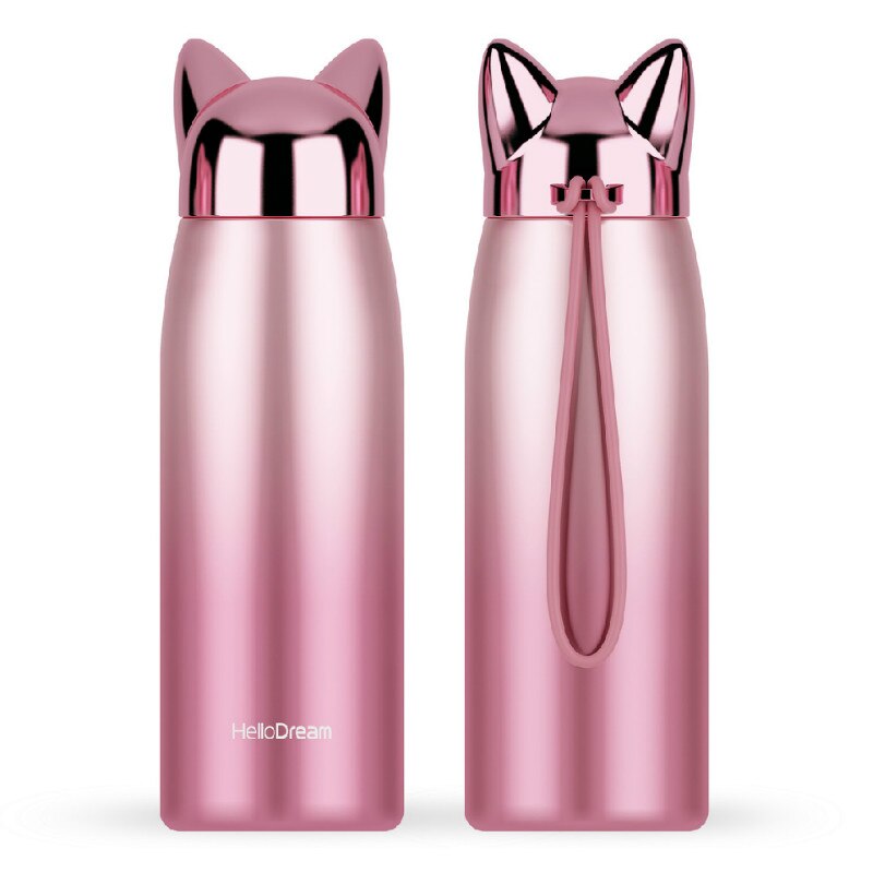 300ML Mädchen Wasser Flasche Doppel Zauberstab Thermos Edelstahl Vakuum Flaschen Nette Katze Fuchs Ohr Thermische Reise Becher artikel: Rosa