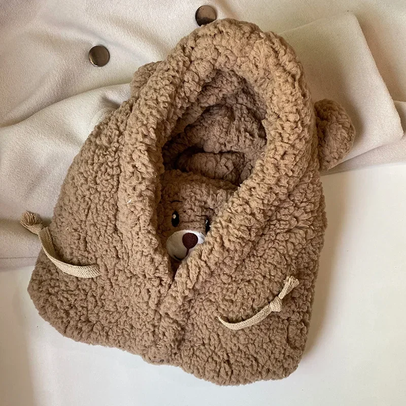 Bonnet avec masque pour femme et fille, cagoule chaude, épaisse, Protection des oreilles, dessin animé, ours, agneau, automne: Coffee