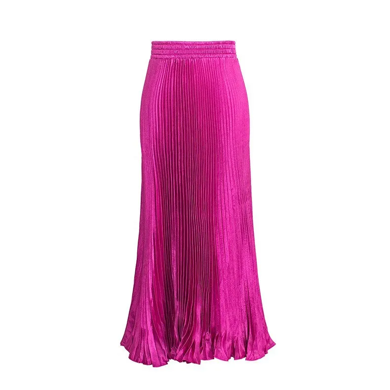 Falda larga de satén metálico, falda Midi Gored de cintura alta, faldas de medio cuerpo plisadas de Color puro de un metro con música de viento