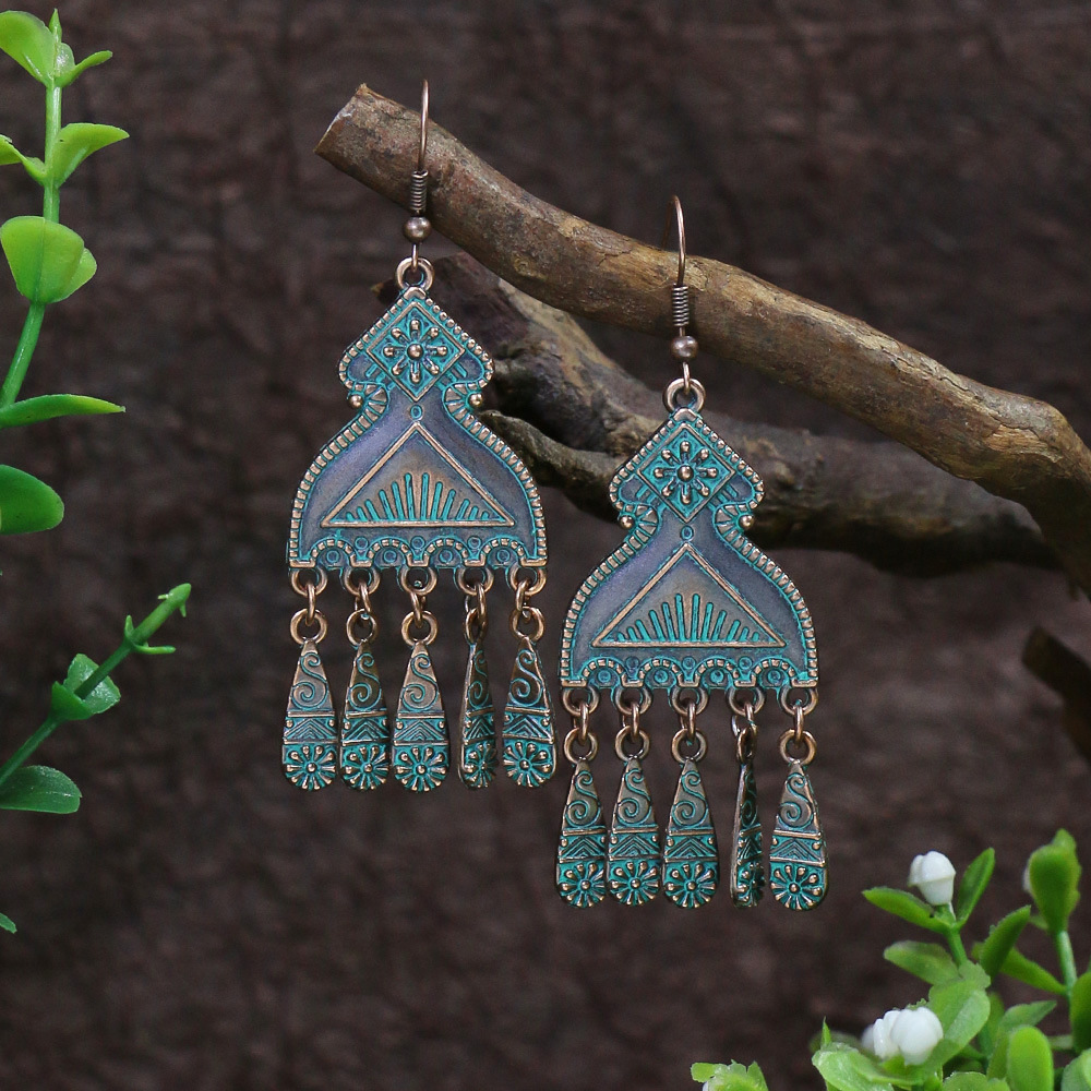 Pendientes bohemios étnicos Vintage de Color bronce para mujer, aretes colgantes geométricos de flor tallada en piedra azul clásica, joyería Jhumka