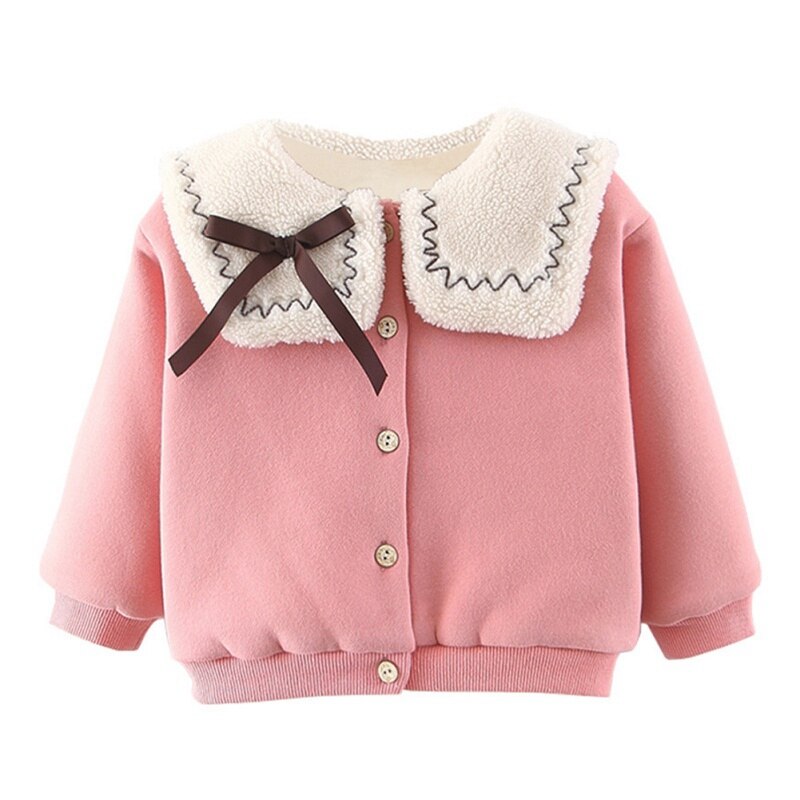 Jas Baby Meisjes Kleding Katoen Verdikking Plus Fluwelen Leuke Turn Down Kraag Enkele Breasted Jasje Herfst En Winter: Roze / 24M