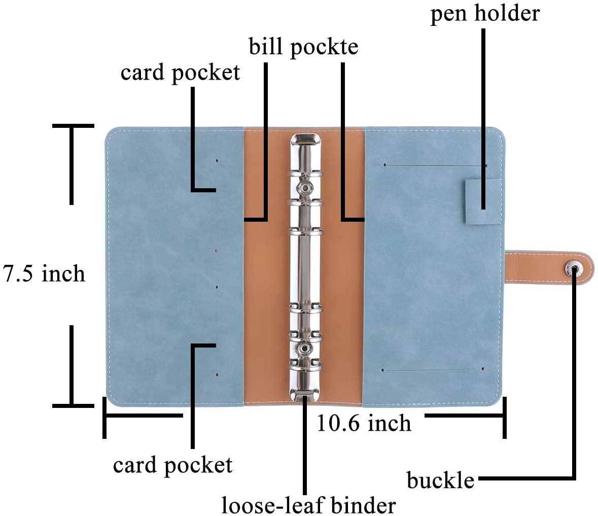 A6 PU Leather Notebook Binder Refillable 6 Ring Binder Cover for A6 Filler Paper Binder Pockets Personal Planner Binder