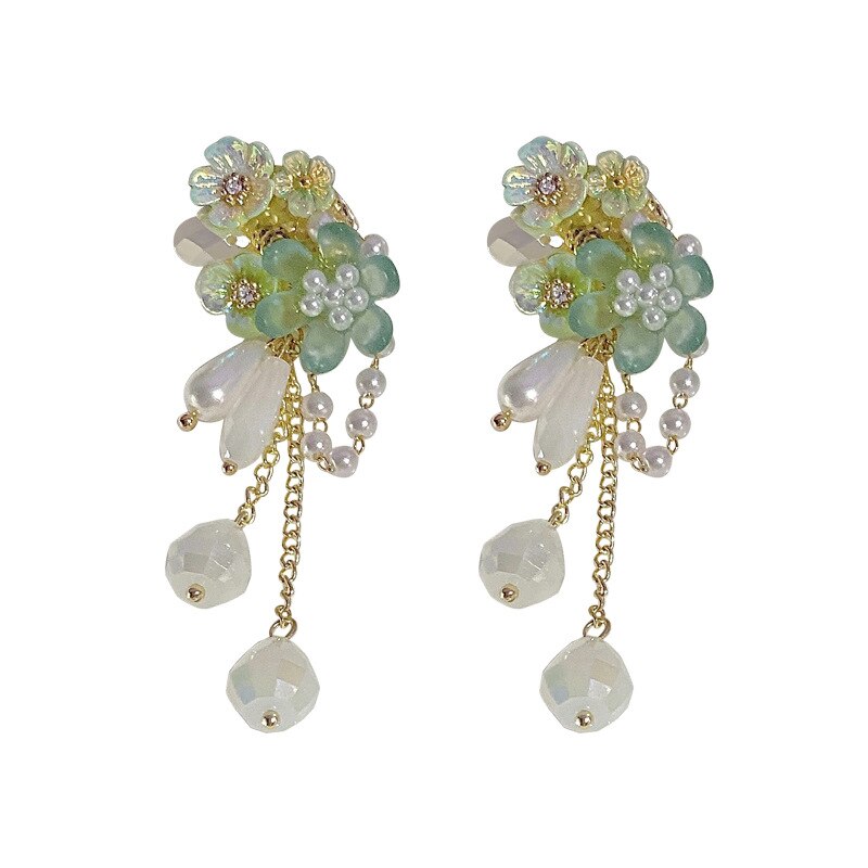 Oval Pearl Resin Flower Tassel Summer Earrings Beach Jewelry Boho Green pendientes