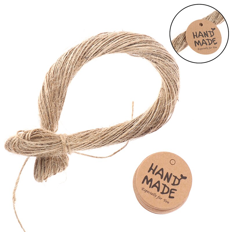 100 pièces rondes faites à la main avec amour Kraft papier étiquettes volantes + 20m chanvre cordes vêtement bagages étiquettes papier étiquettes