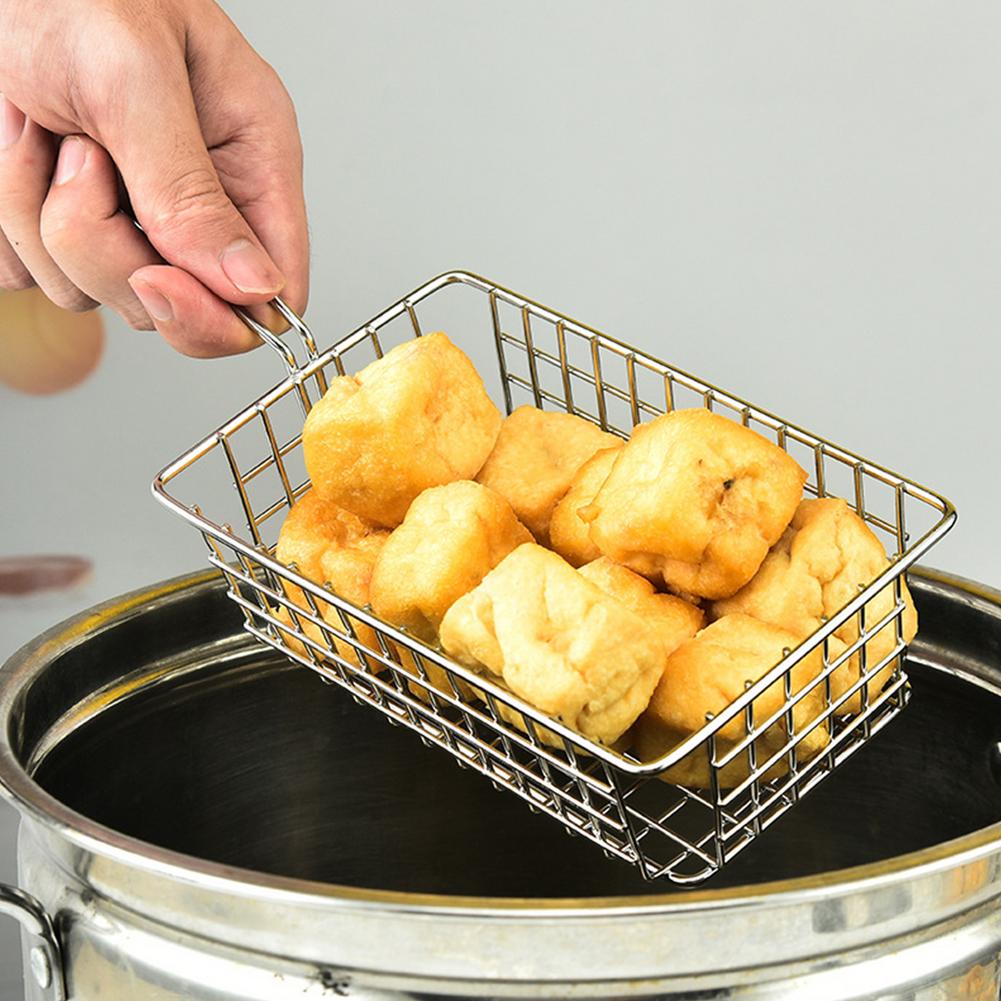 French Fries Container Square Frying Chip Basket Stainless Steel Chip Cooking Basket Snack Potato Chips Barrel for Kitchen