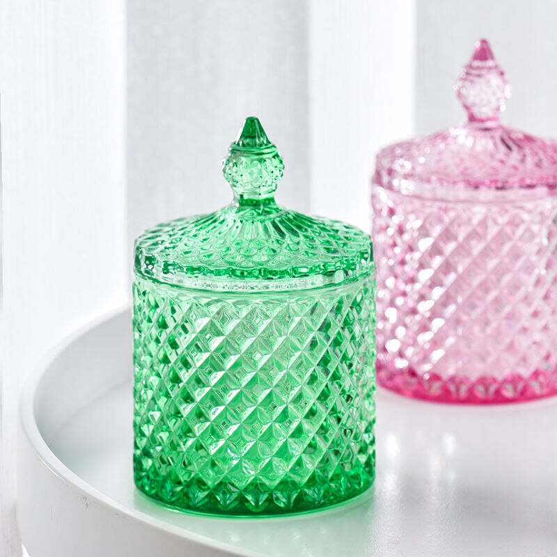 Tarros de cristal con tapa, latas de azúcar en lata de cristal, caja de dulces de diamante, recipiente para bastoncillos, almohadilla de algodón, recipiente de vidrio para almacenamiento doméstico: Verde claro