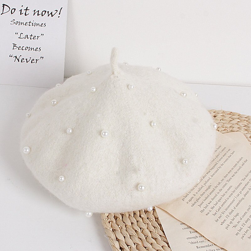Crianças da criança menina boina de lã chapéu outono inverno quente clássico estilo francês frisado pérola gorro boné moda infantil para 2-8y: K