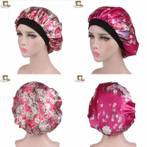 Women Satin Night Sleep Cap Hair Bonnet Hat Silk Head Cover Print Wide Elastic Band: 2