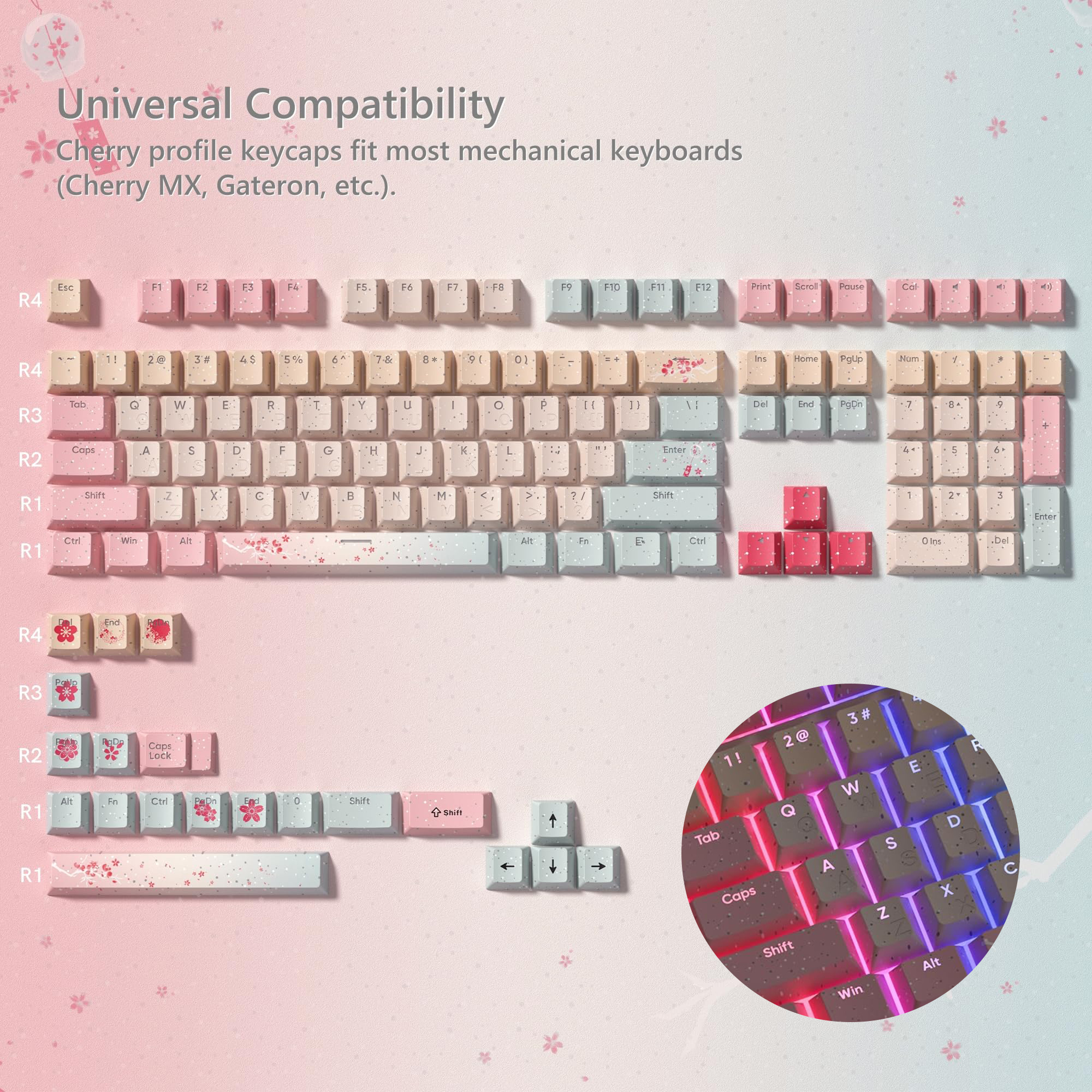 127 teclas que brilla a través de flor de ciruelo perfil de cereza Keycap PBT Keycap Dye-Sub Cherry MX interruptores para teclado mecánico de jugador: Rosa
