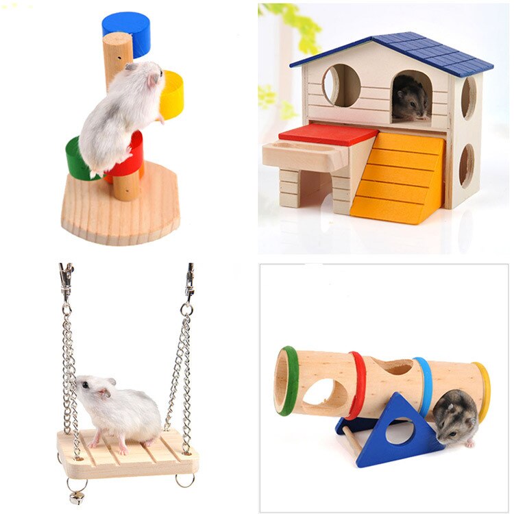 Little Hamster Rainbow Ladder Wooden Toys Parrot Hanging Bell Swing Hammock Gold Bear Nest Small House Villa