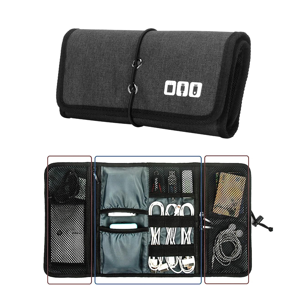 Bolsa organizadora electrónica para cables, cargador de cables de viaje, accesorios para teléfono, bolsa organizadora enrollable, Estuche de transporte tecnológico para cables USB: Negro