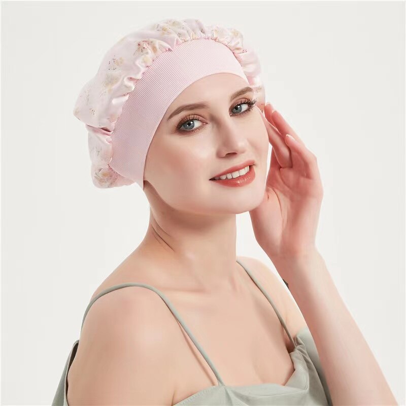 Style 100% Mulberry Silk Night Sleep Cap Elastic Women Shower Caps Big Bonnet For Lady Sleep Cap 19 Momme: Colorful 01