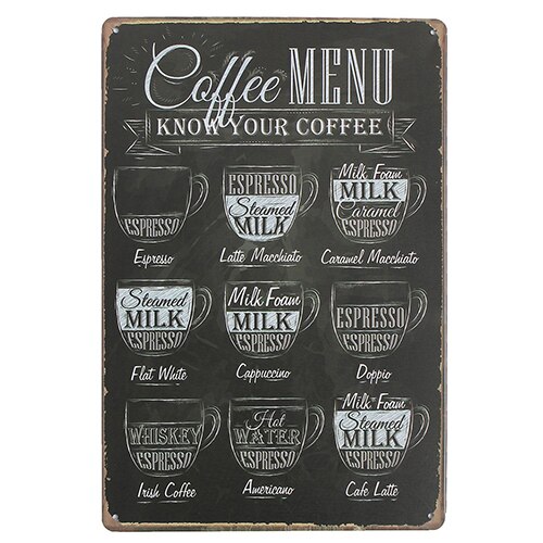 Kaffebar menu vintage tegn pub shop hjem vægindretning retro metal kunst plakat
