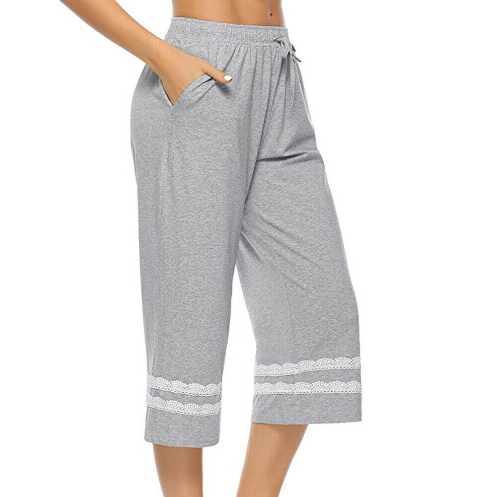 Pyjama de nuit pour femme, culotte courte, culotte courte, vêtement de nuit mi-mollet, taille ajustable, collection automne, décontracté: Gris / S