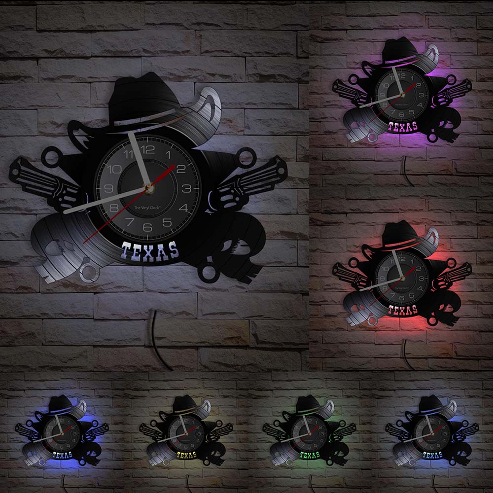 Texas Cowboy Wall Clock Western USA Skyline Symbol Vinyl Record Wall Clock Wild West Vintage Rodeo Revolvers Western Wall Decor: With LED