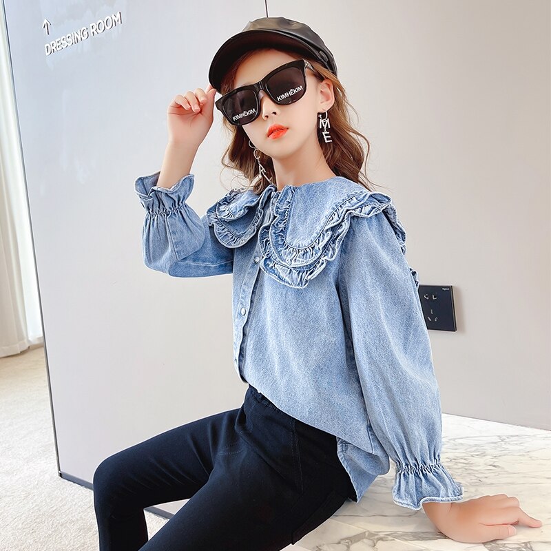 Top per ragazze adolescenti camicie di cotone Denim con collo arricciato per 6 8 10 12 anni camicetta per bambini blu primavera per bambini