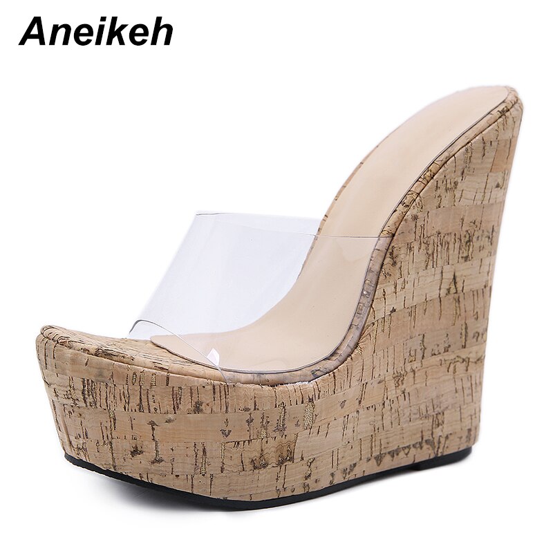 Aneikeh sommar kvinnor skor tofflor slides pvc gummi fast utanför kilar grunt vuxen aprikos rund tå 35 ~ 42 flip flop