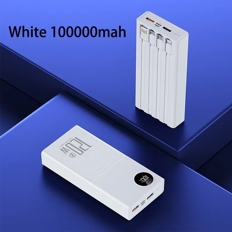 200000mAh 120W Power Bank Large Capacity Super Fast Charge Portable Power Bank With 4 Charging Cables LED Digital Display: Silver