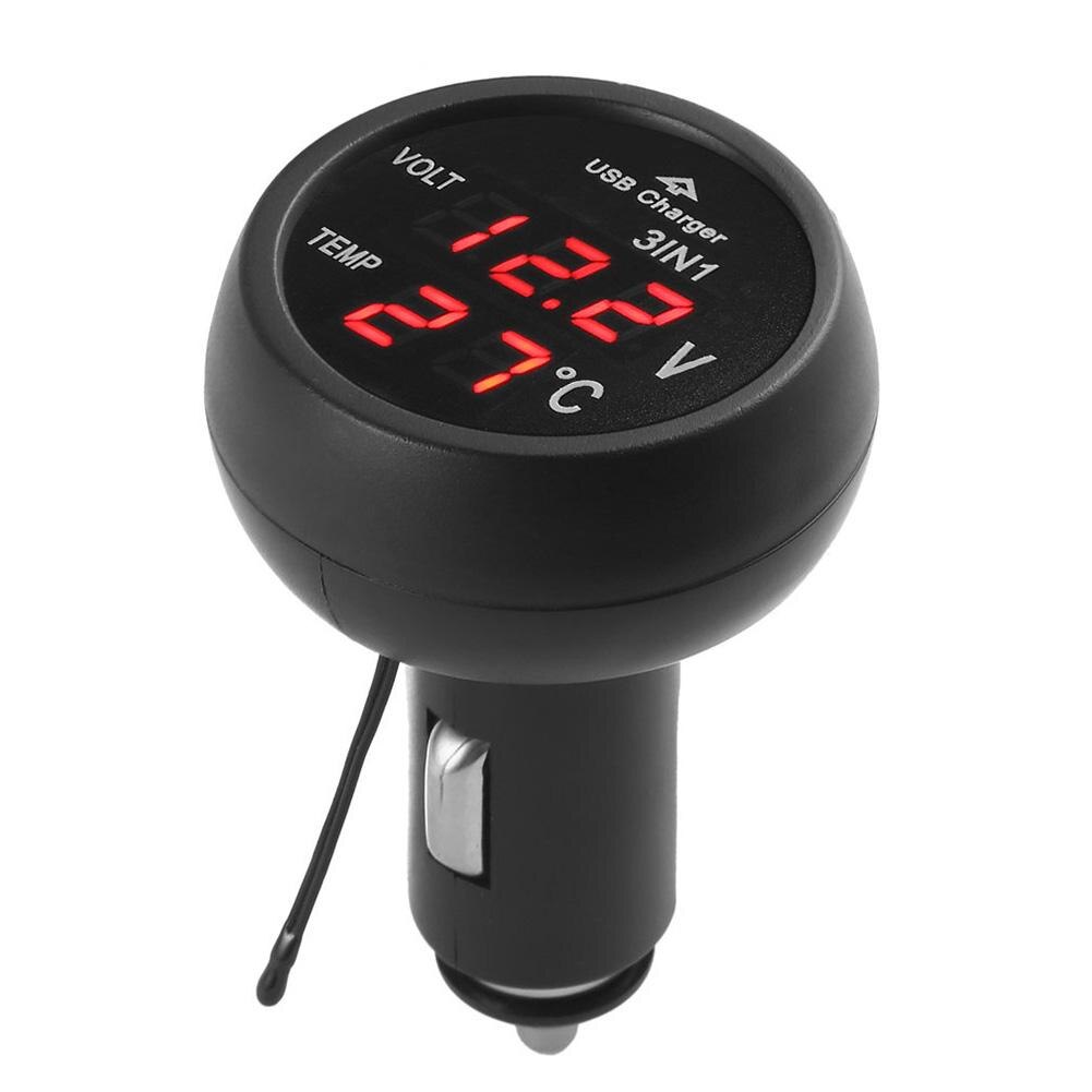 Voltímetro Digital LED multifunción para coche, Universal, 3 en 1, 12V, 24V, termómetro, Cargador USB, medidor de voltaje