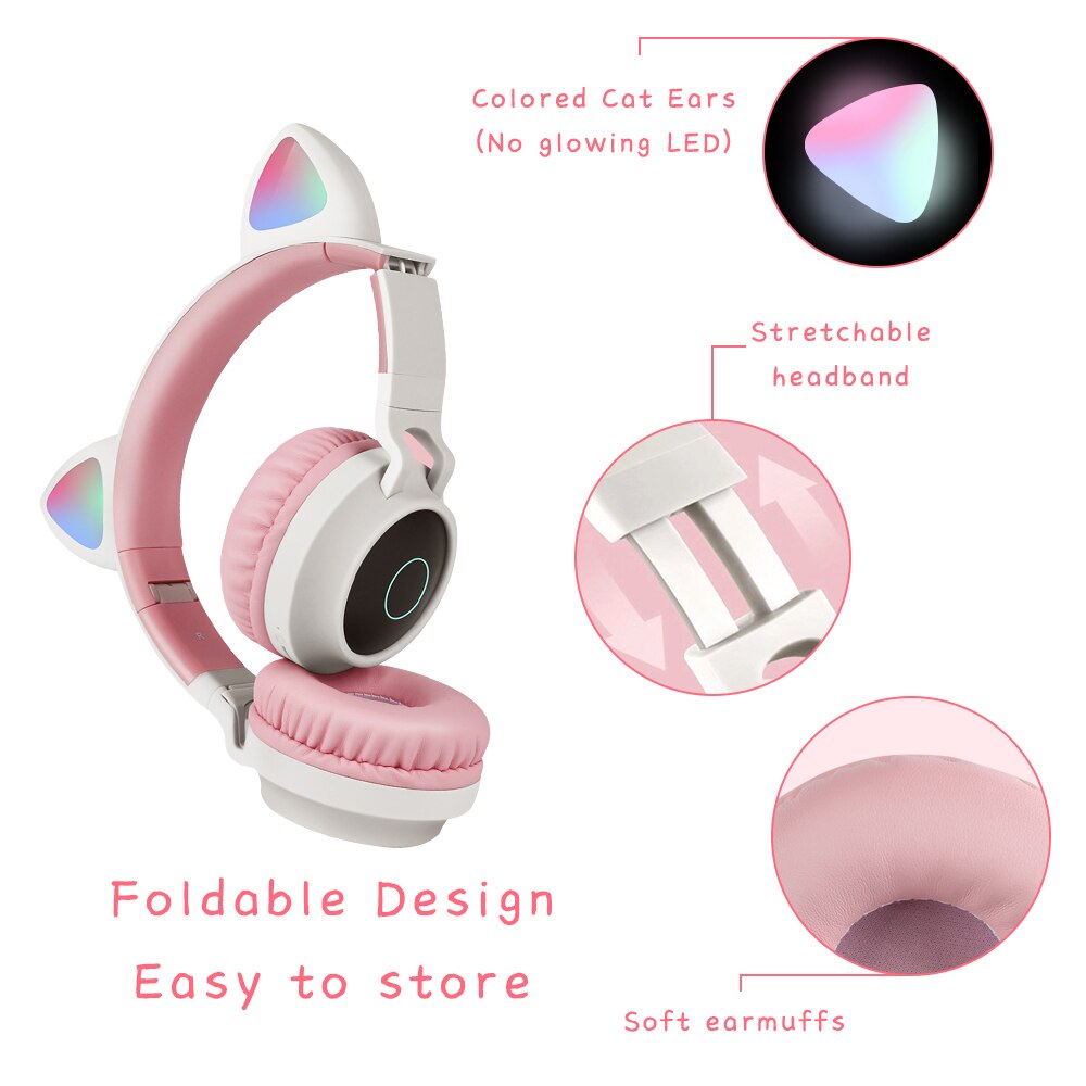 Auriculares inalámbricos Bluetooth de estilo lindo con orejas de gato, auriculares para juegos, para chicas, coloridos auriculares BT 5,0, Auriculares Bluetooth de belleza