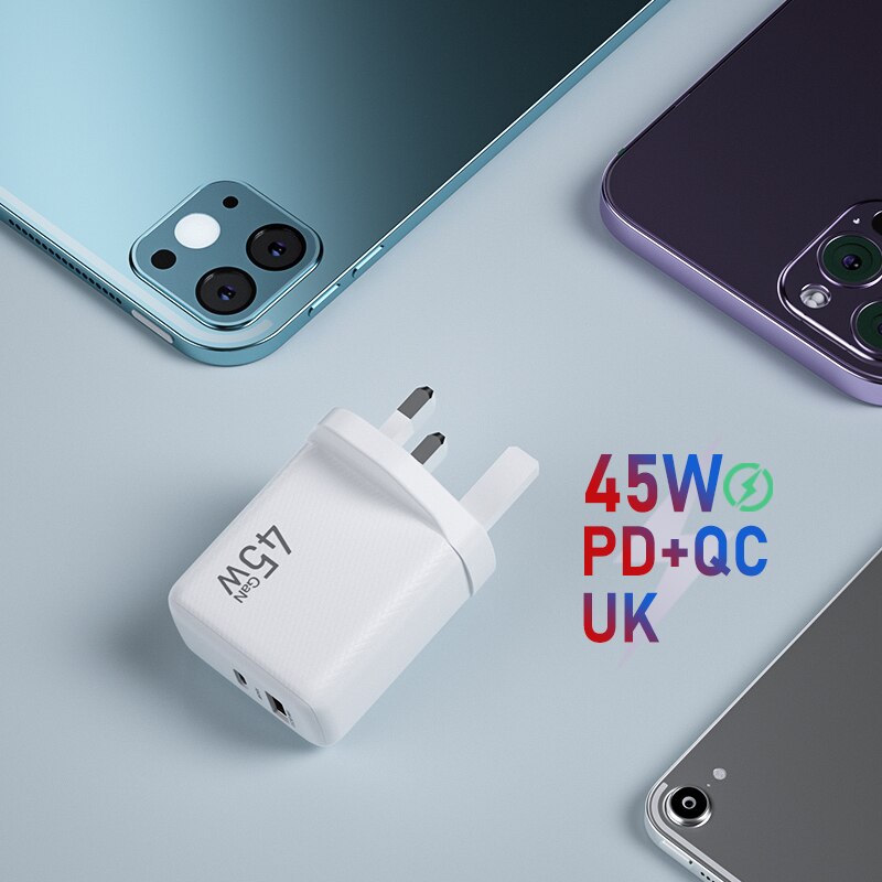 Ładowarka sieciowa 45W GaN ładowarka USB szybka ładowarka do telefonu iPhone Samsung iPad Laptop PD USB C szybka ładowarka 3.0 typ C Adapter: White UK 45W GaN