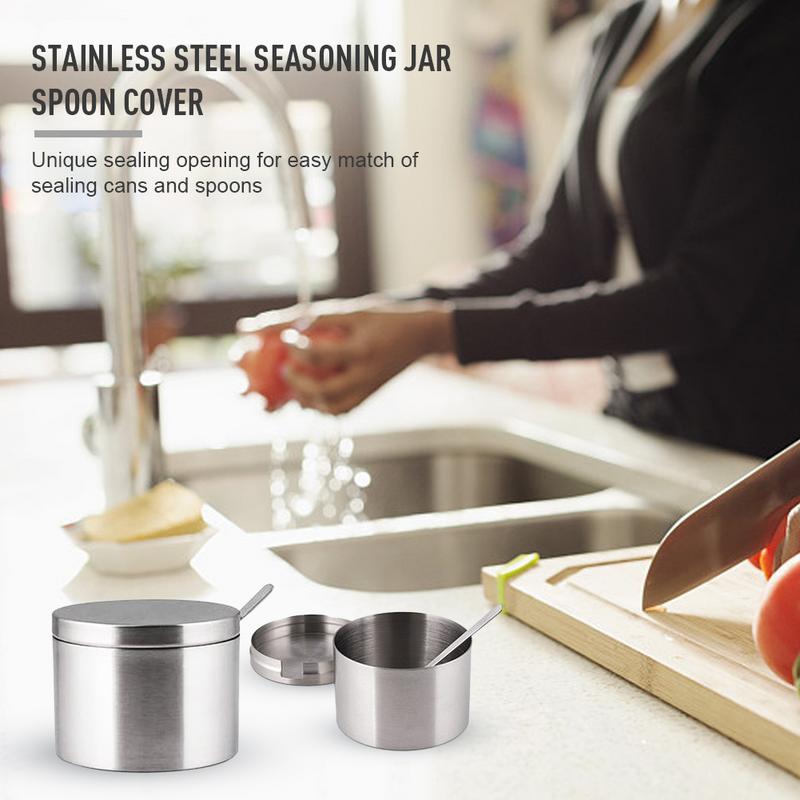 304 Stainless Steel Seasoning Jar Cylindrical Storage Tank Kitchen Tool Spoon Kitchenware Seasoning Box Supplies Dinnerware
