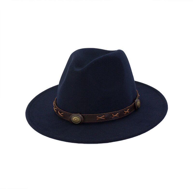 QBHAT uomo donna cappelli Fedora Jazz in feltro di lana tinta unita con cinturino in pelle marrone cappello da Cowboy a tesa larga cappello verde Trilby Panama per la festa: Navy blue