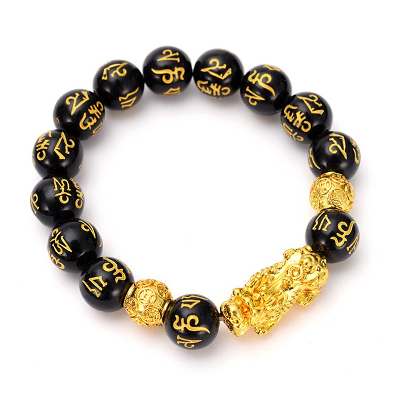 Obsidian Stone Beaded Bracelet with Golden Pixiu Charms Pendant for Men Buddhist Jewelry TT@88