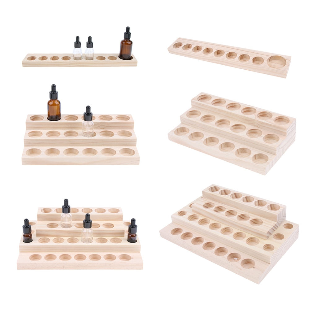Soporte de exhibición de aceite esencial de madera Natural, estante organizador de almacenamiento para botellas de 9/18/30 ranuras, 5-15ml, bandeja de almacenamiento de Perfume