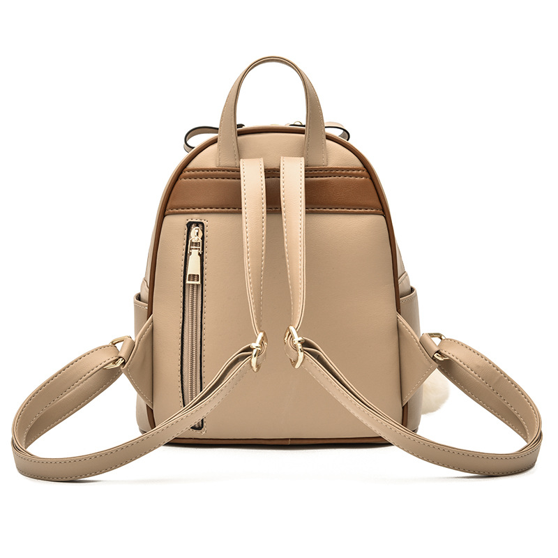 Color Block PU Backpack for Women | Stylish Daypack with Pompom Charm & Multiple Compartments