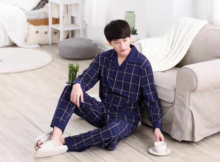 men sleeping cloths turn-down collar dark blue plaid coat