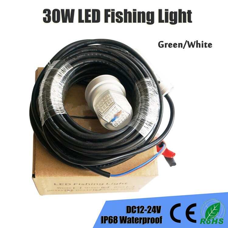 30W led luz para la pesca del calamar, señuelo de noche sumergible, luces led de pesca verde, azul y blanco