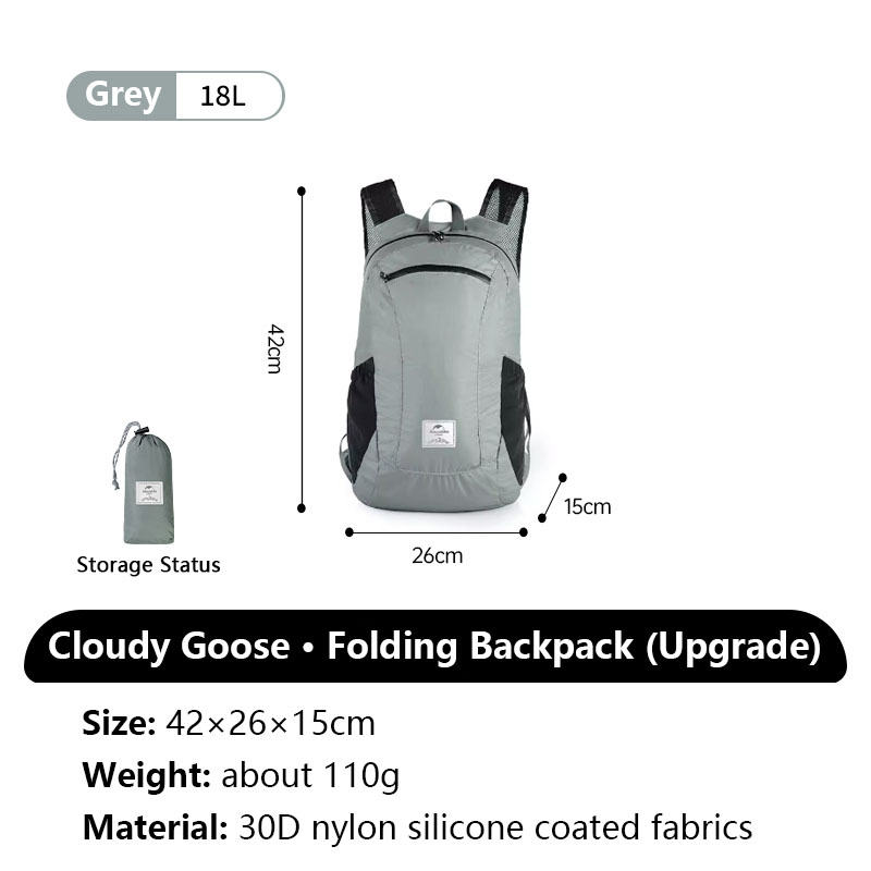 Naturehike-mochila plegable de silicona, bolsa impermeable portátil ligera, al aire libre para acampar, senderismo, bolsas de piel de hombro, 18l, 22L: Silver color