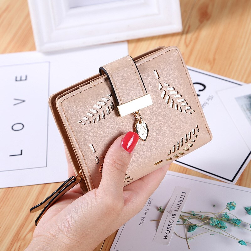 Vrouwen portemonnee pu leren portemonnee dames lange portemonnee gouden holle bladeren buidel handtas voor vrouwen portemonnee kaarthouders clutch: Kaki a