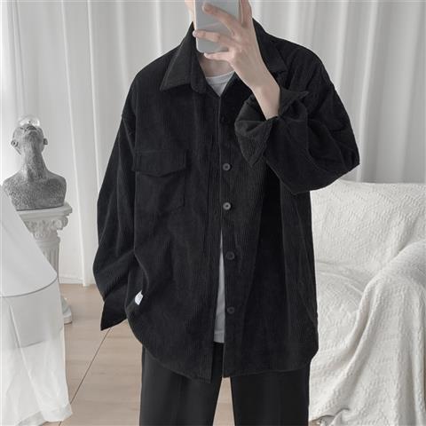 Chemise en velours côtelé à manches longues pour homme, surdimensionnée, décontractée, coréenne, automne: Black / M